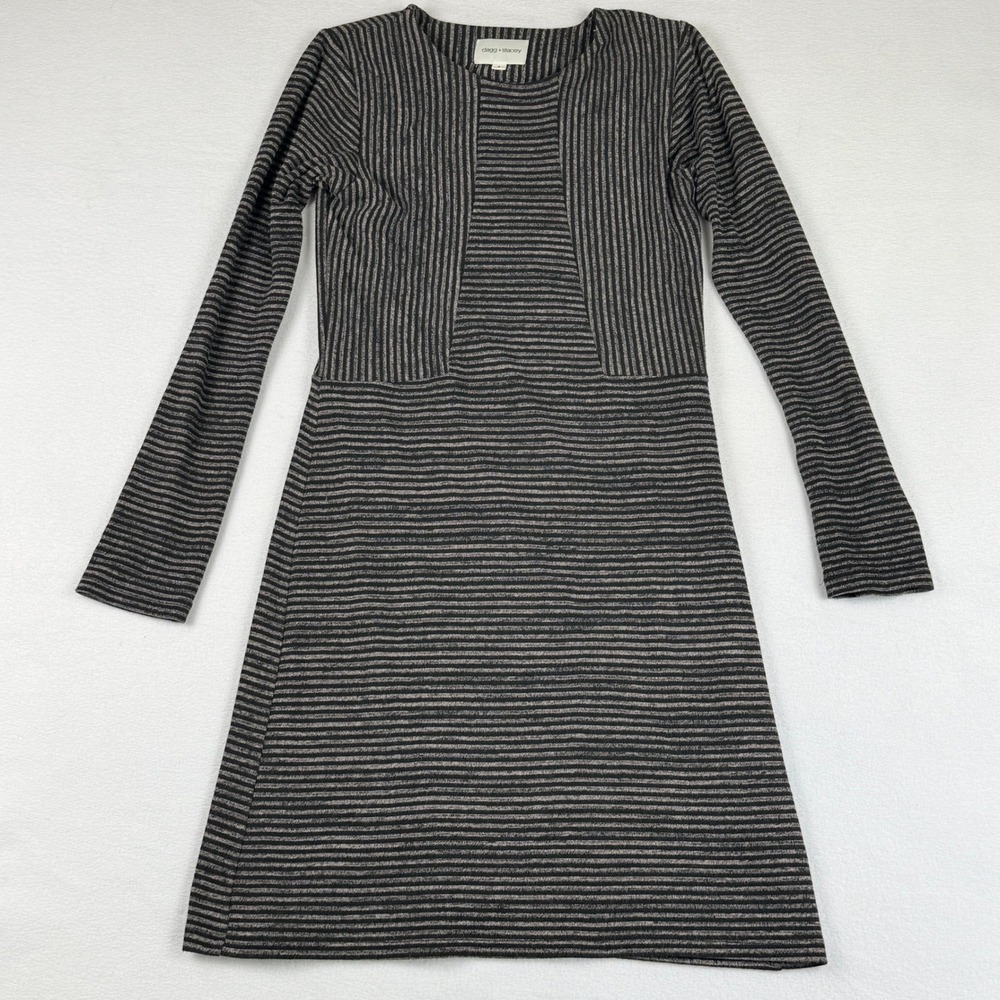 Dagg & Stacey Striped Knit‎ Dress Womens 4 Black Taupe Quiet Luxe Elevated Mod